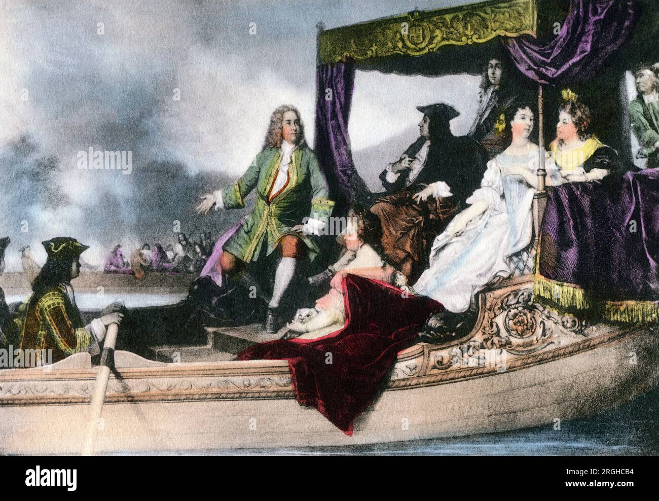 Jorge I de Gran Bretaña y el compositor George Handel en el barco fluvial durante el Festival del Agua, Río Támesis, Londres, Inglaterra, Reino Unido, 1715, Ilustración en color, artista no identificado Foto de stock