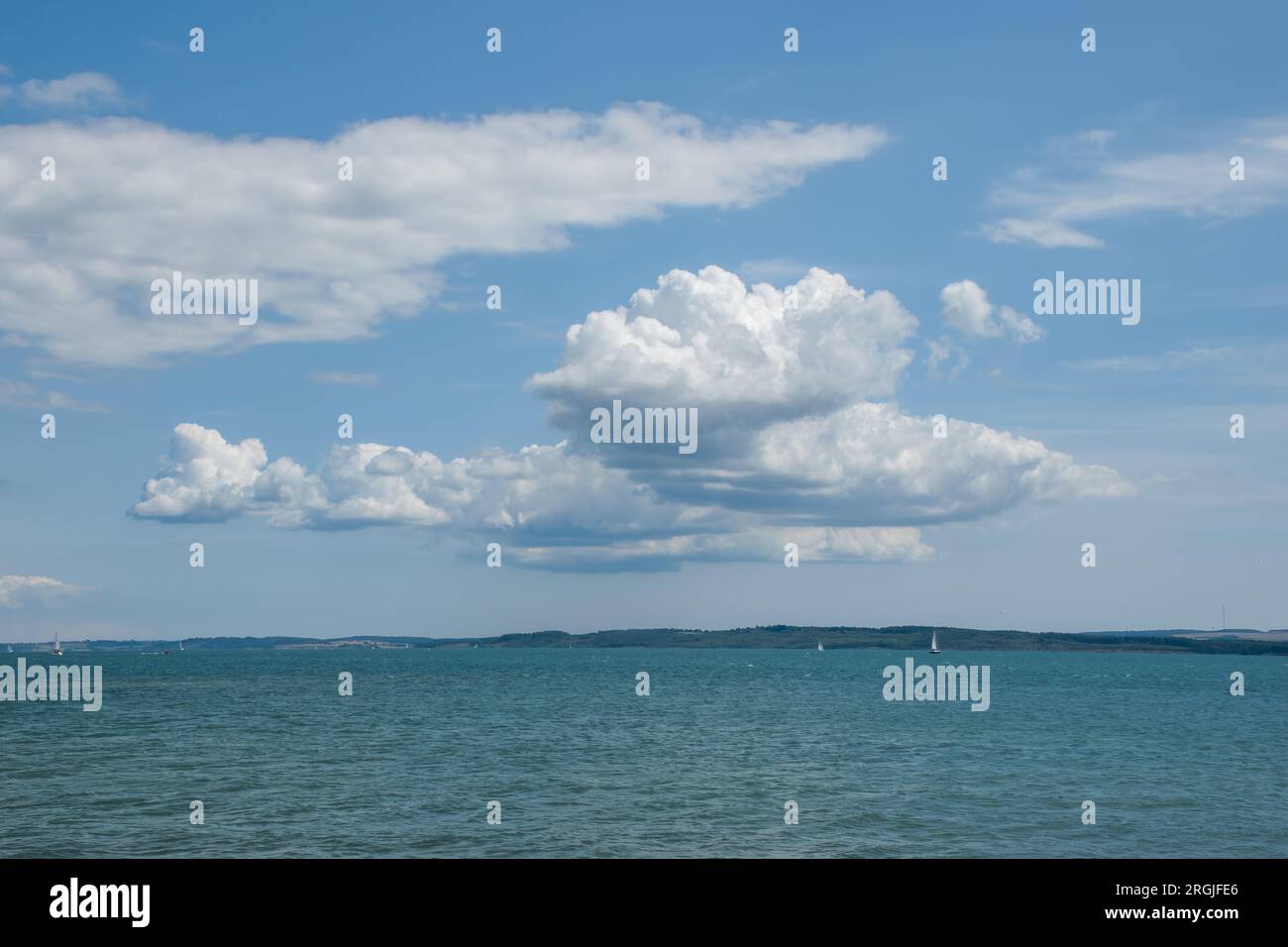 esponjosas nubes blancas en el verano contra un cielo azul en forma de ave de presa sobre el mar Foto de stock
