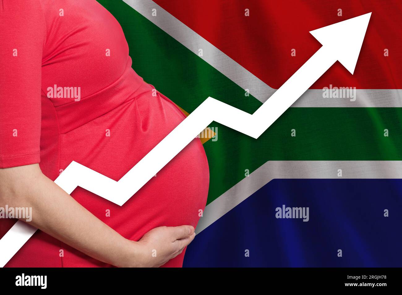 Mujer embarazada en la bandera del fondo de la República Sudafricana. Aumento de la tasa de natalidad Foto de stock