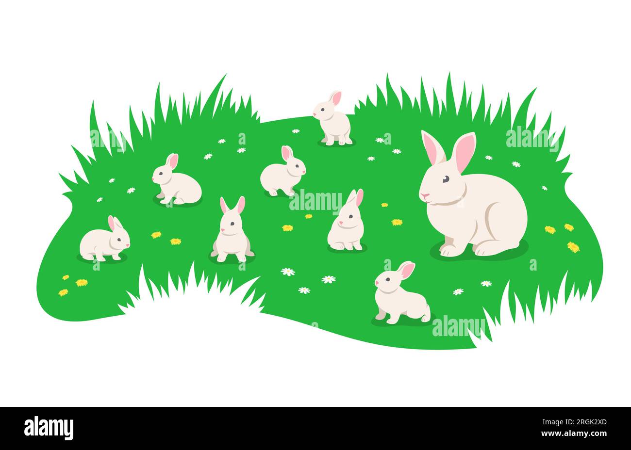 Conejo de la madre con los conejos lindos del bebé que pastan en el prado verde del verano. Pequeños conejitos adorables juguetones pastando en hierba verde. Simple plana de dibujos animados i. Ilustración del Vector