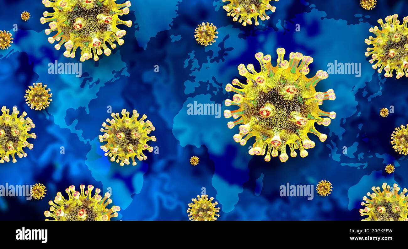 Nuevo brote de virus mundial y COVID o COVID-19 o Sars-CoV-2 como un coronavirus mutante que crea variantes de enfermedad viral con células genéticas mutadas Foto de stock
