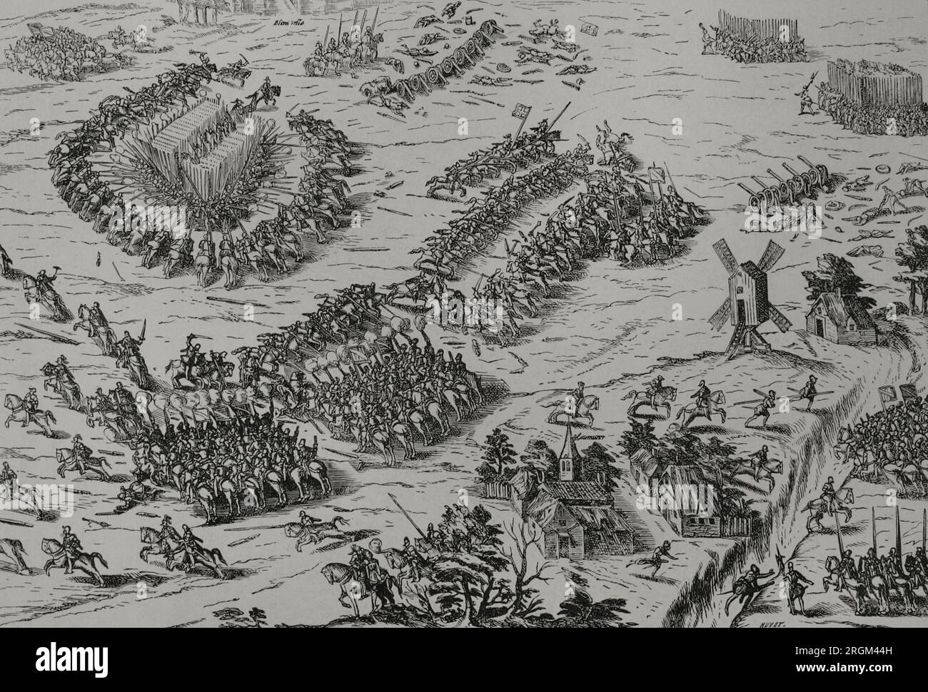 Batalla de Dreux (19 de diciembre de 1562). Los católicos, liderados por el condestable Anne de Montmorency, Francisco (duque de Guise) y el mariscal Jacques d'Albon de Saint-André, derrotaron a los hugonotes comandados por Luis I de Borbón (príncipe de Condé) y el almirante Gaspard II de Coligny. Fue la primera batalla durante las Guerras Francesas de Religión. En primer plano, el mariscal Jacques d'Albon de Saint-André, del lado católico, es asesinado a tiros. Grabado. 'Vie Militaire et Religiuse Au Moyen Age et l'Epoque de la Renaissance'. París, 1877. Foto de stock