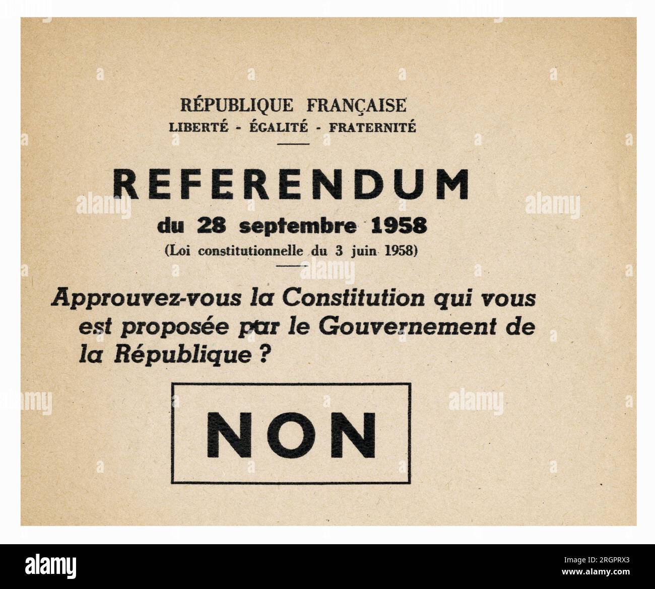 Bulletin de votar "no", pour le referéndum du 28 Septembre 1958, Pour une nouvelle constitución, proposee par le general Charles de Gaulle. Foto de stock