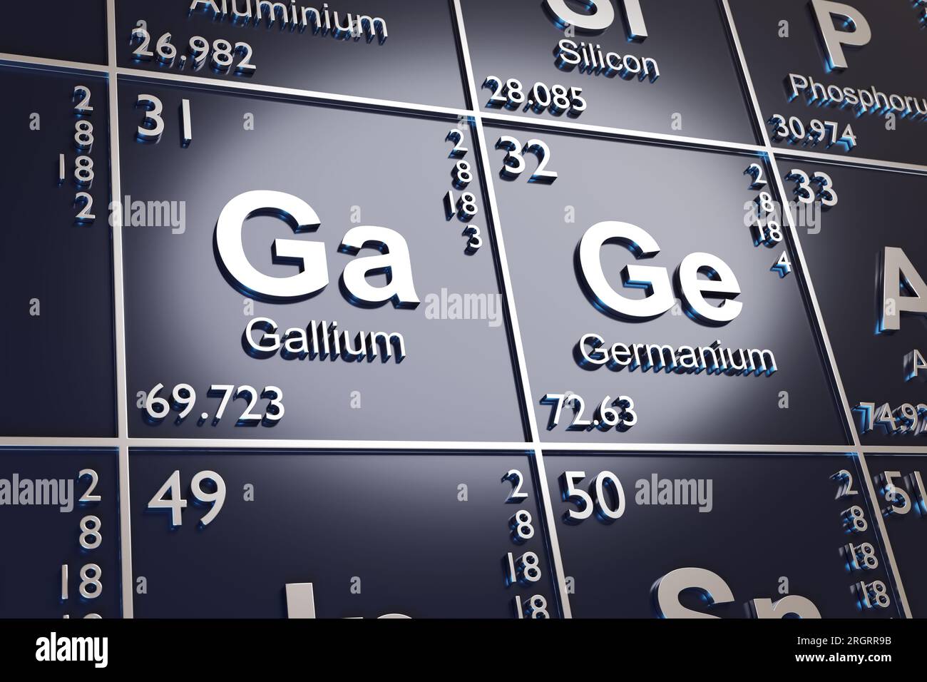 Los elementos galio y germanio en la tabla periódica. 3d ilustración. Foto de stock