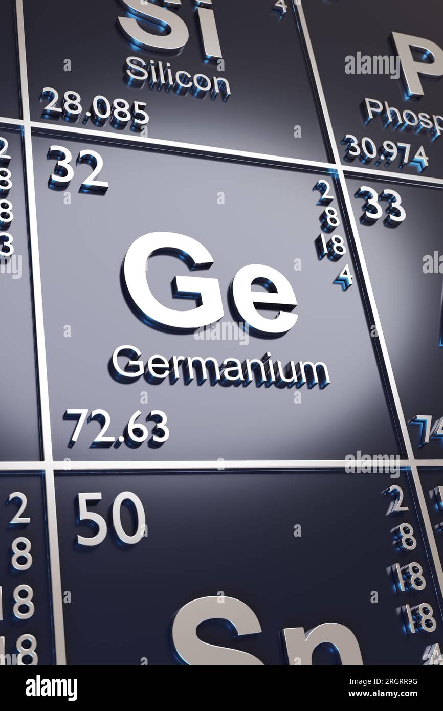 El metaloide Germanio en la tabla periódica de elementos. 3d ilustración. Foto de stock