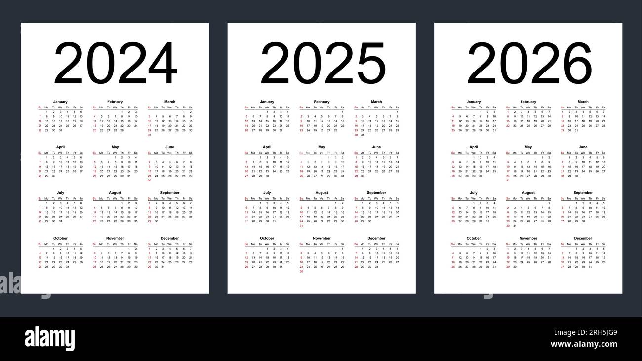 Calendarios vectoriales editables simples para el año 2024, 2025, 2026
