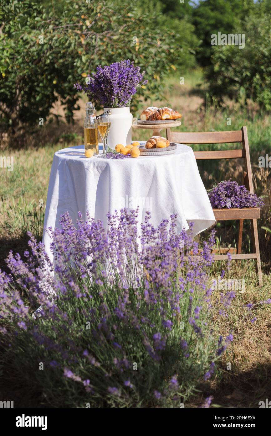 limonada, cruasanes, albaricoques y un ramo de lavanda en una mesa en el jardín Foto de stock