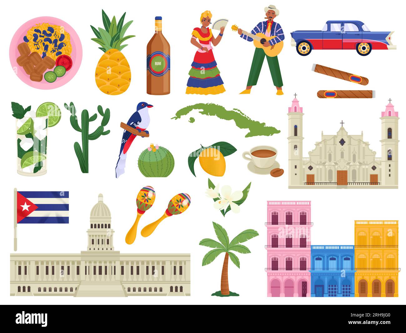 Cuba iconos planos conjunto de símbolos cubanos platos nacionales monumentos personas fauna y flora aislado ilustración vectorial Ilustración del Vector