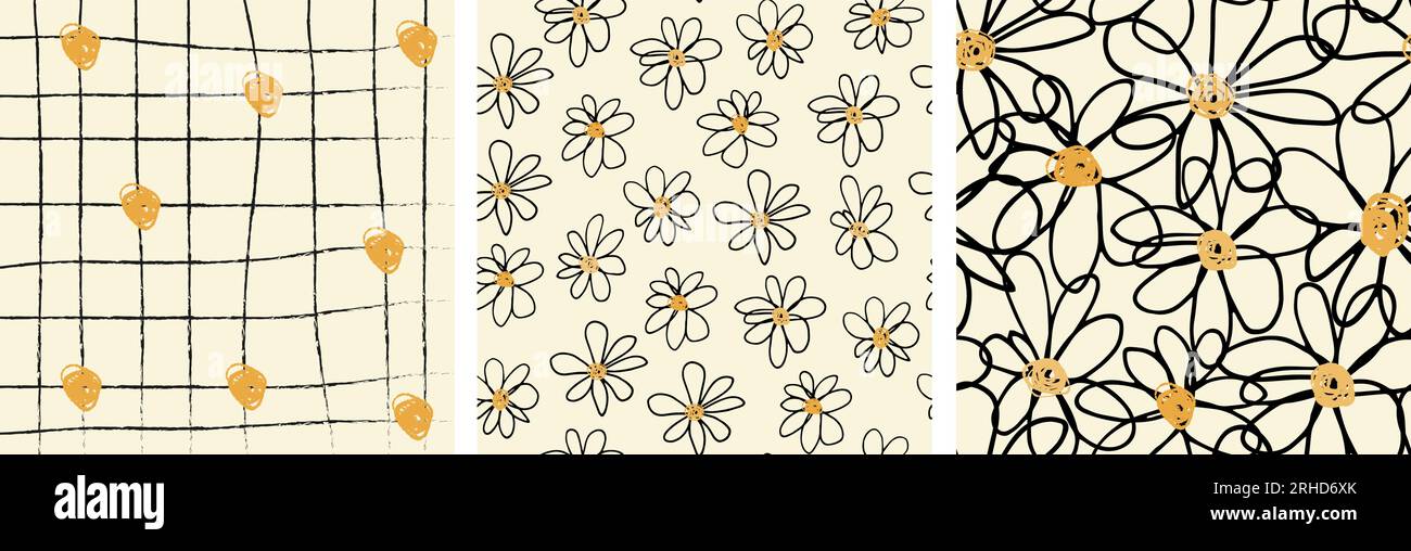 Dibujado a mano flores de margarita sin fisuras patrón vector set diseño. Elementos naturales en estilo a mano alzada sobre fondo beige. Uso para papel tapiz, tela y wra Ilustración del Vector