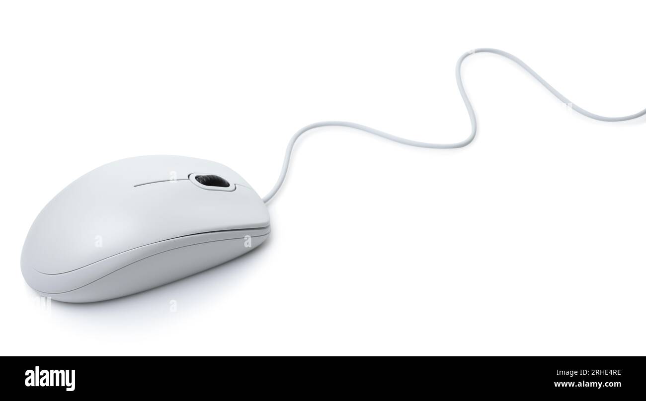 Ratón de computadora con cable moderno blanco sobre fondo blanco. Concepto de tecnología informática Foto de stock
