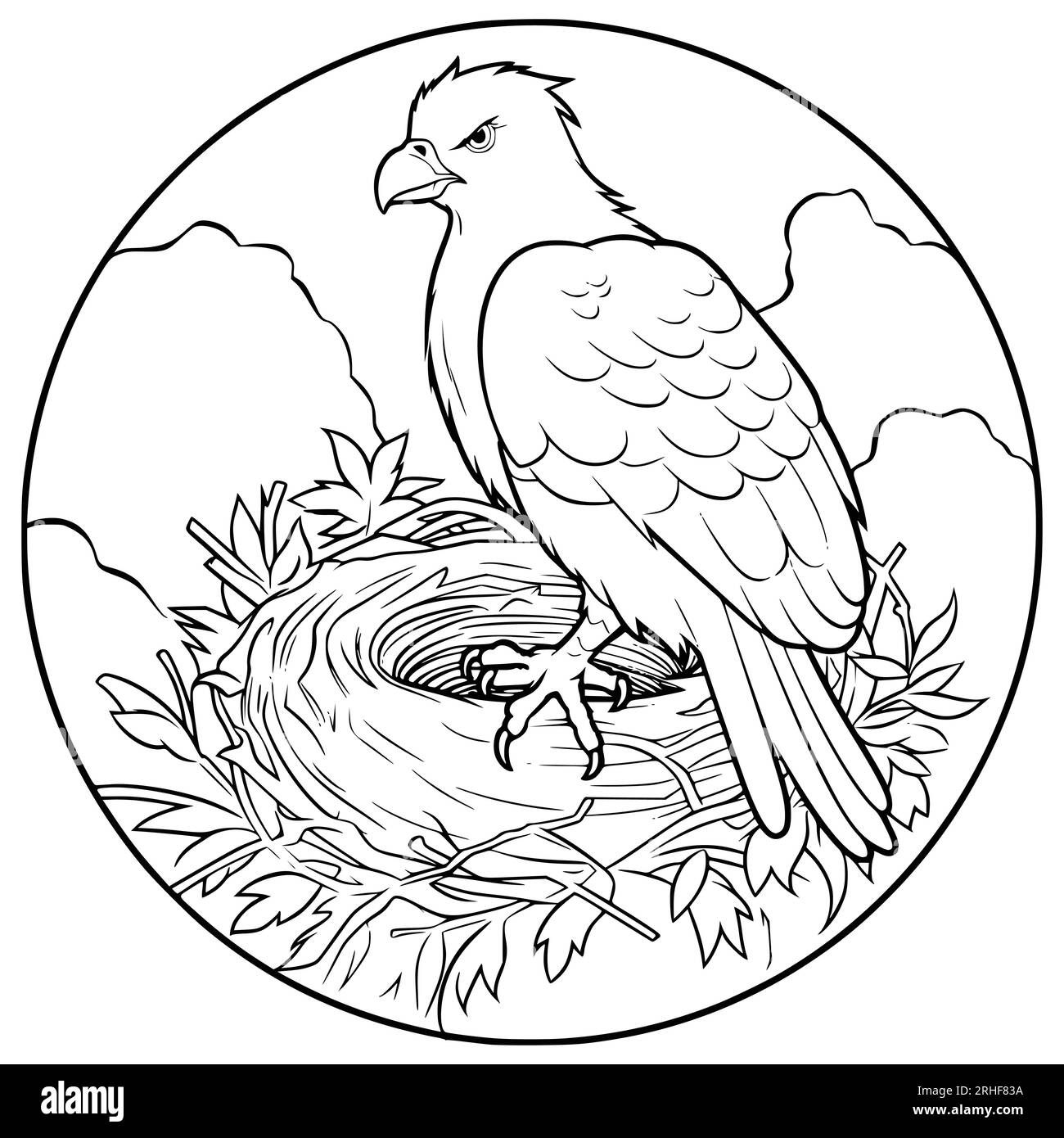 Un pájaro se sienta en Una página para colorear de nido para niños Ilustración del Vector