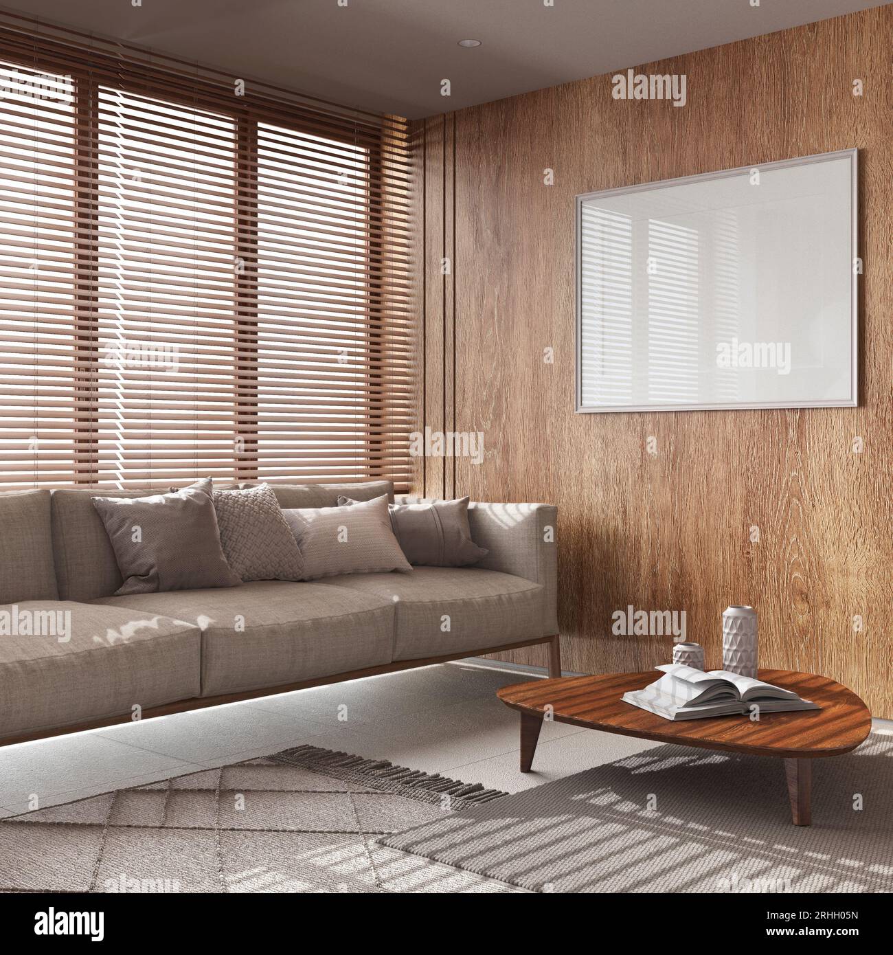 Sala de estar japonesa con papel tapiz y paredes de madera en tonos blancos  y beige. Suelo de parquet, sofá de tela, alfombras y decoraciones. Mínimo  japandi interio Fotografía de stock 