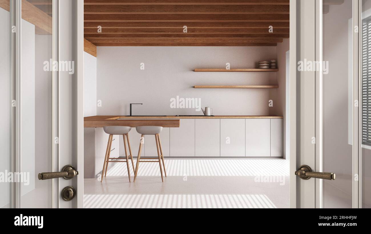 Apertura de puerta de vidrio blanco clásico en cocina blanca mínima con isla y taburetes, techo de madera y piso de resina, concepto de hogar bienvenido, diseño interior Foto de stock