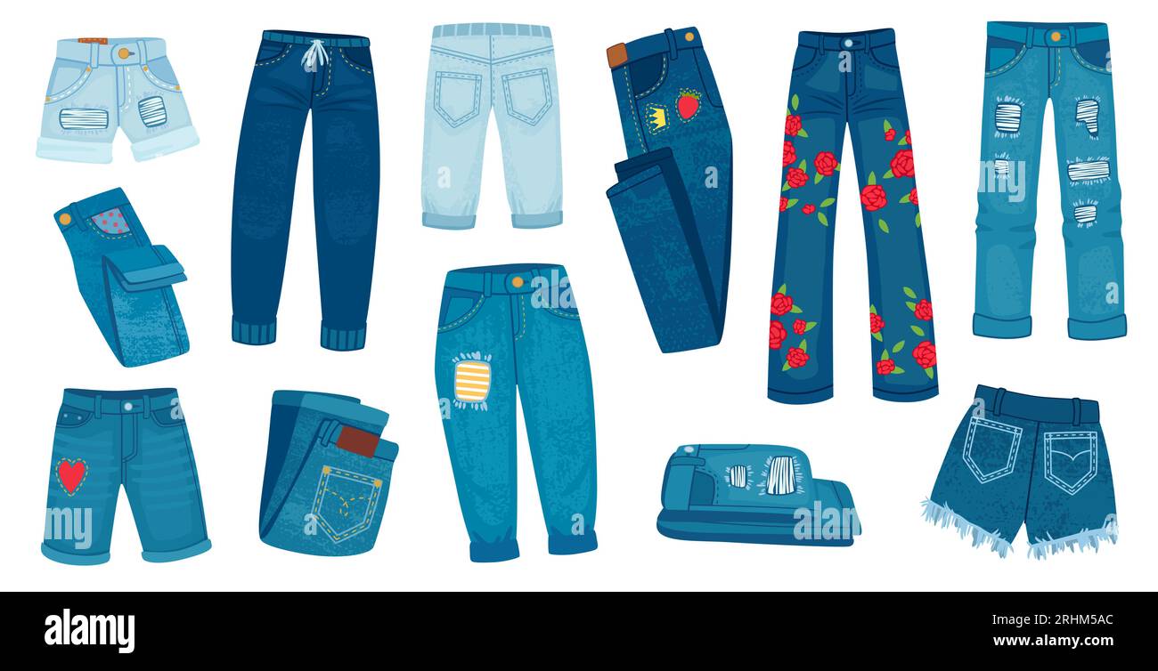 Vaqueros de mujer. Ropa de tela azul denim para chicas con estilo jeans  skinny pantalones garish vector colored planos cuadros Imagen Vector de  stock - Alamy