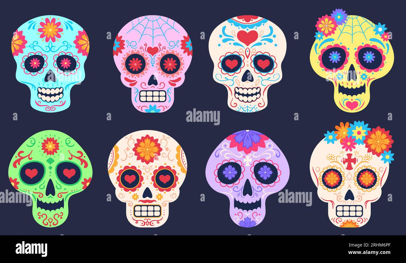 Dia De Muertos. Calaveras Decorativas, Guitarra Y Sombrero, Llama Y  Pimiento Picante, Corazón Y Tumba. Mexicano Dia De Los Muertos Vector Set.  Ilustración Calavera Mexicana, Fiesta Del Festival De México Ilustraciones  svg