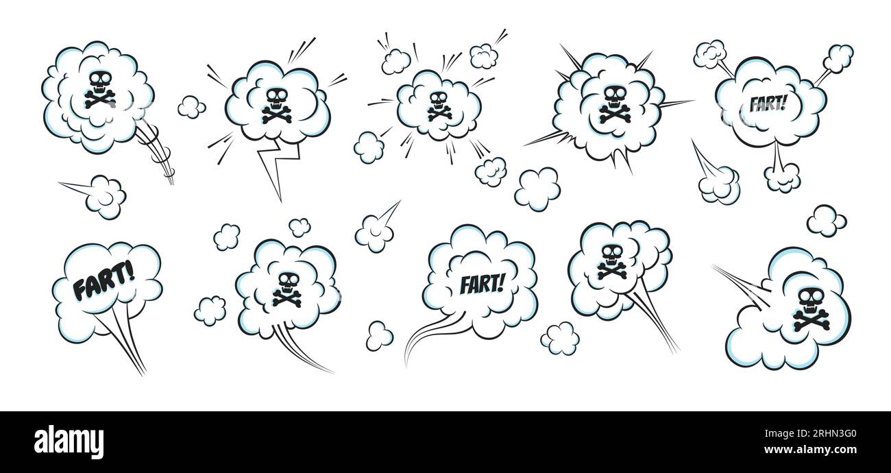 Oler pop art cómic cómic cómic nube de pedo diseño de estilo plano ilustración vectorial conjunto con texto y cráneo con huesos cruzados. Mal olor o ar tóxico Ilustración del Vector