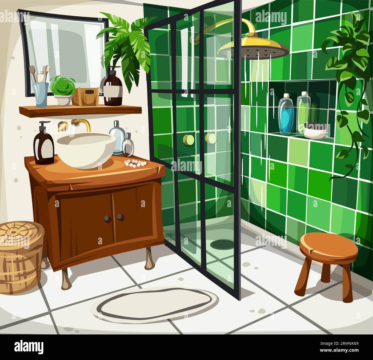 Interior del baño con azulejos verdes, ducha abierta, tocador, espejo y plantas de interior. Ilustración vectorial de dibujos animados Ilustración del Vector