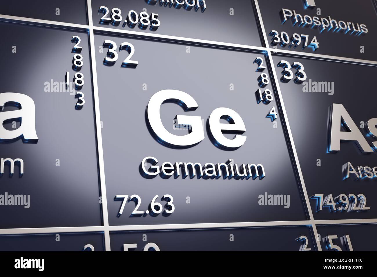 El elemento Germanium en la tabla periódica. 3d ilustración. Foto de stock