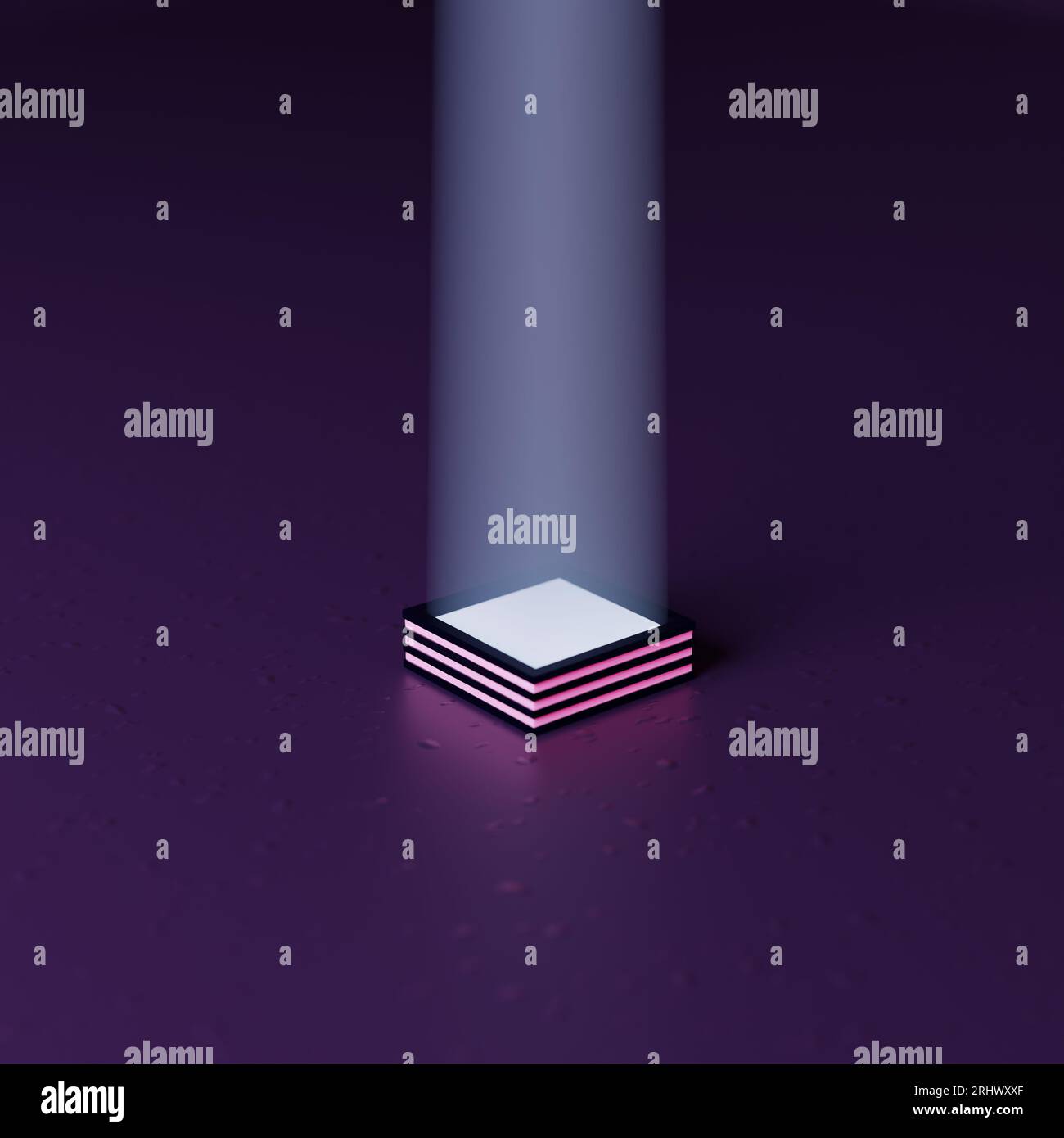 Arte conceptual en 3D de un cubo de luz brillante que emite un haz de luz brillante en el cielo con luces rosadas en el lado en una superficie violeta clara Foto de stock