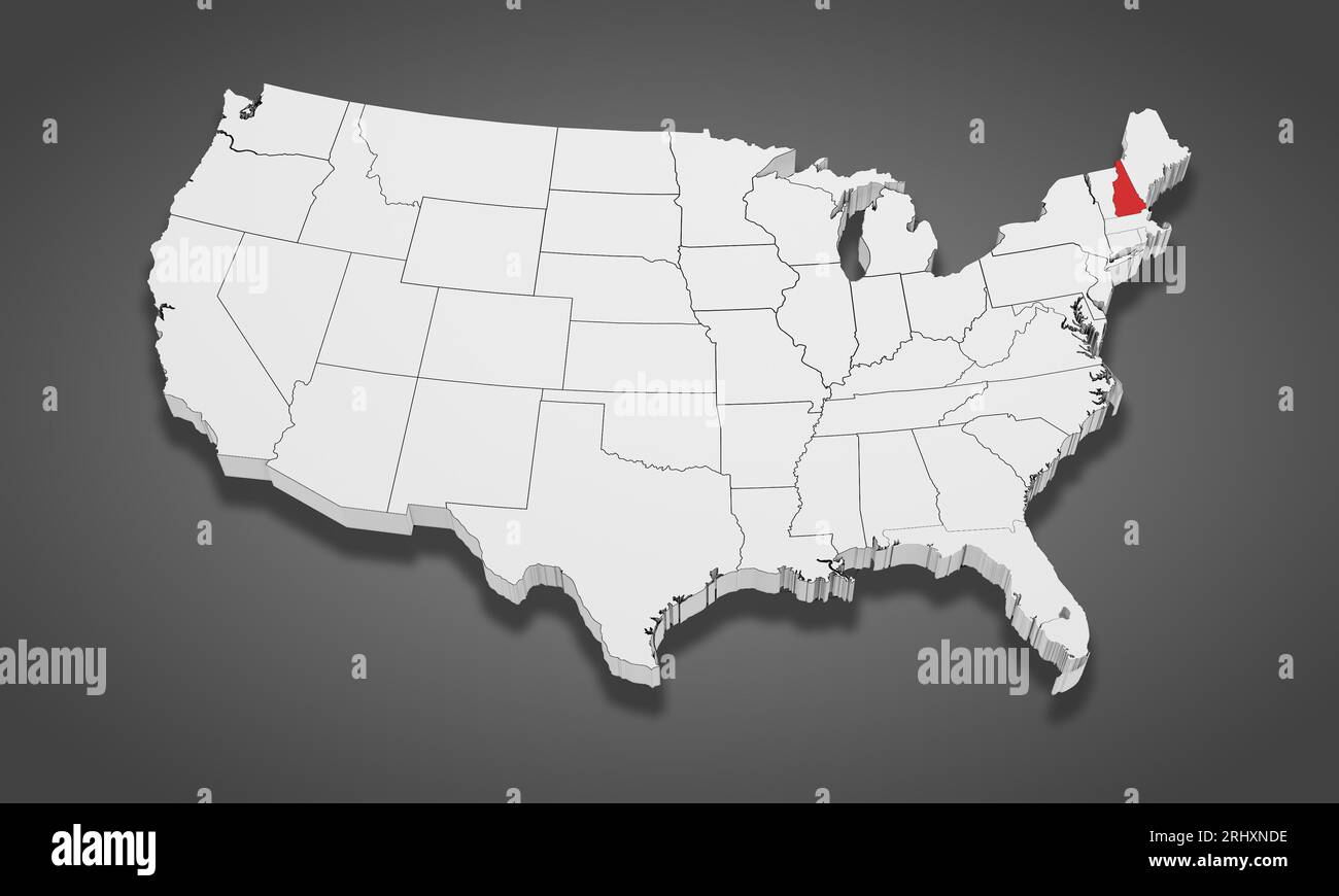 Estado de Nuevo Hampshire destacado en el mapa de los Estados Unidos de América 3D. 3D Ilustración Foto de stock