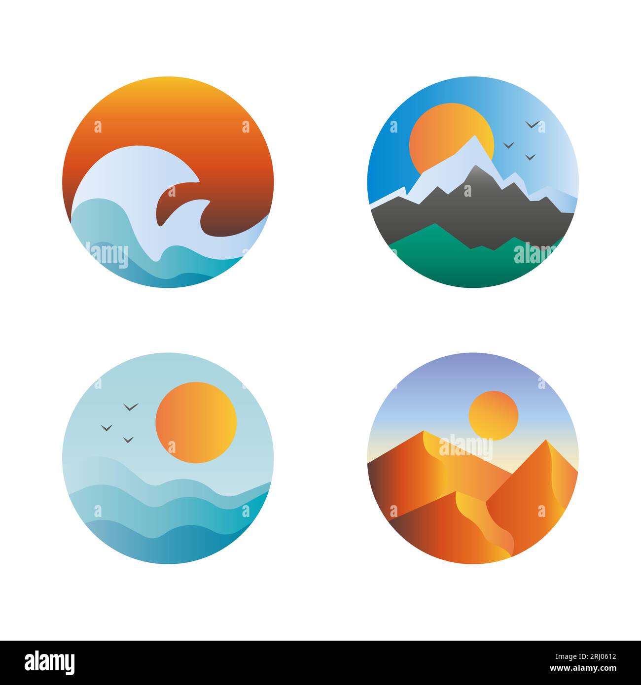 Conjunto de diferentes paisajes puesta de sol mar desierto en círculo. Iconos planos redondos de diferentes lugares y naturaleza montañas, olas, sol, arena. Vector Ilustración del Vector
