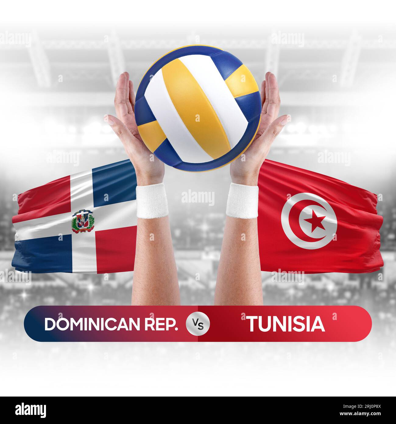 República Dominicana vs Túnez equipos nacionales voleibol voleibol bola partido concepto de competencia. Foto de stock