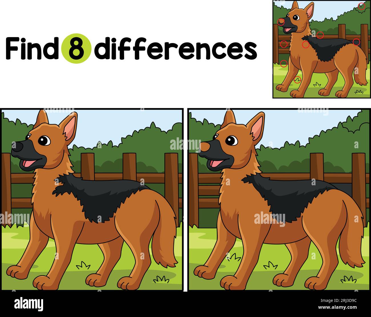 Perro pastor alemán encuentra las diferencias Ilustración del Vector