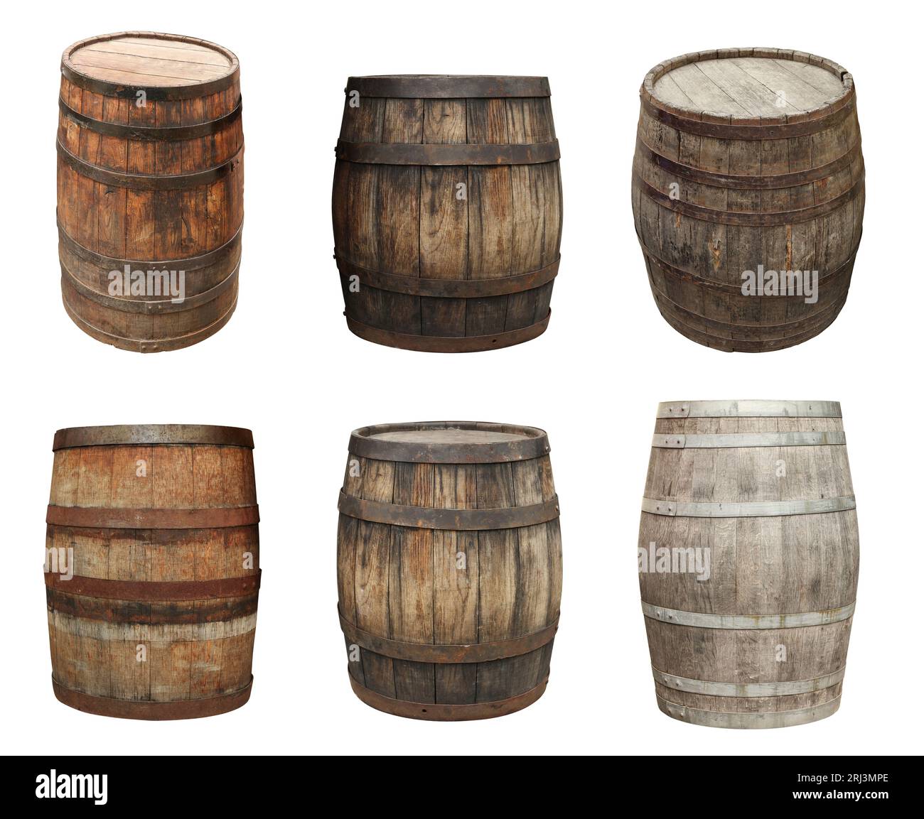 Conjunto con diferentes barriles de madera aislados en blanco Foto de stock