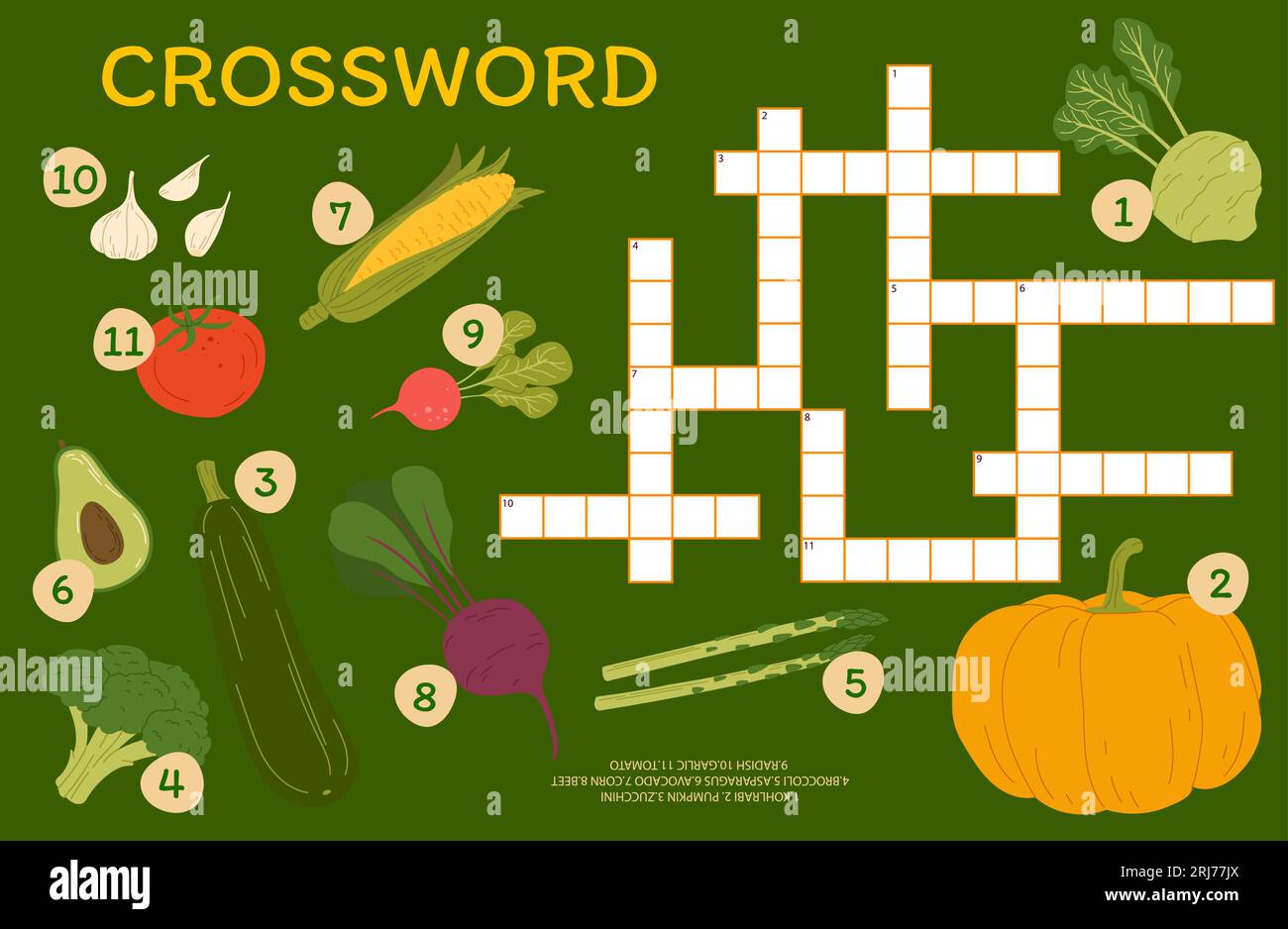 Crucigrama agrícola juego de preguntas con verduras crudas de cosecha