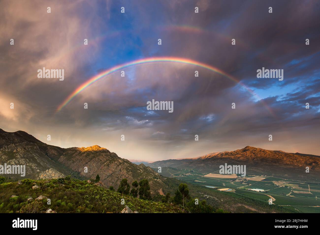 Fynbos Cape región floral con arcoiris nublado puesta de sol Foto de stock