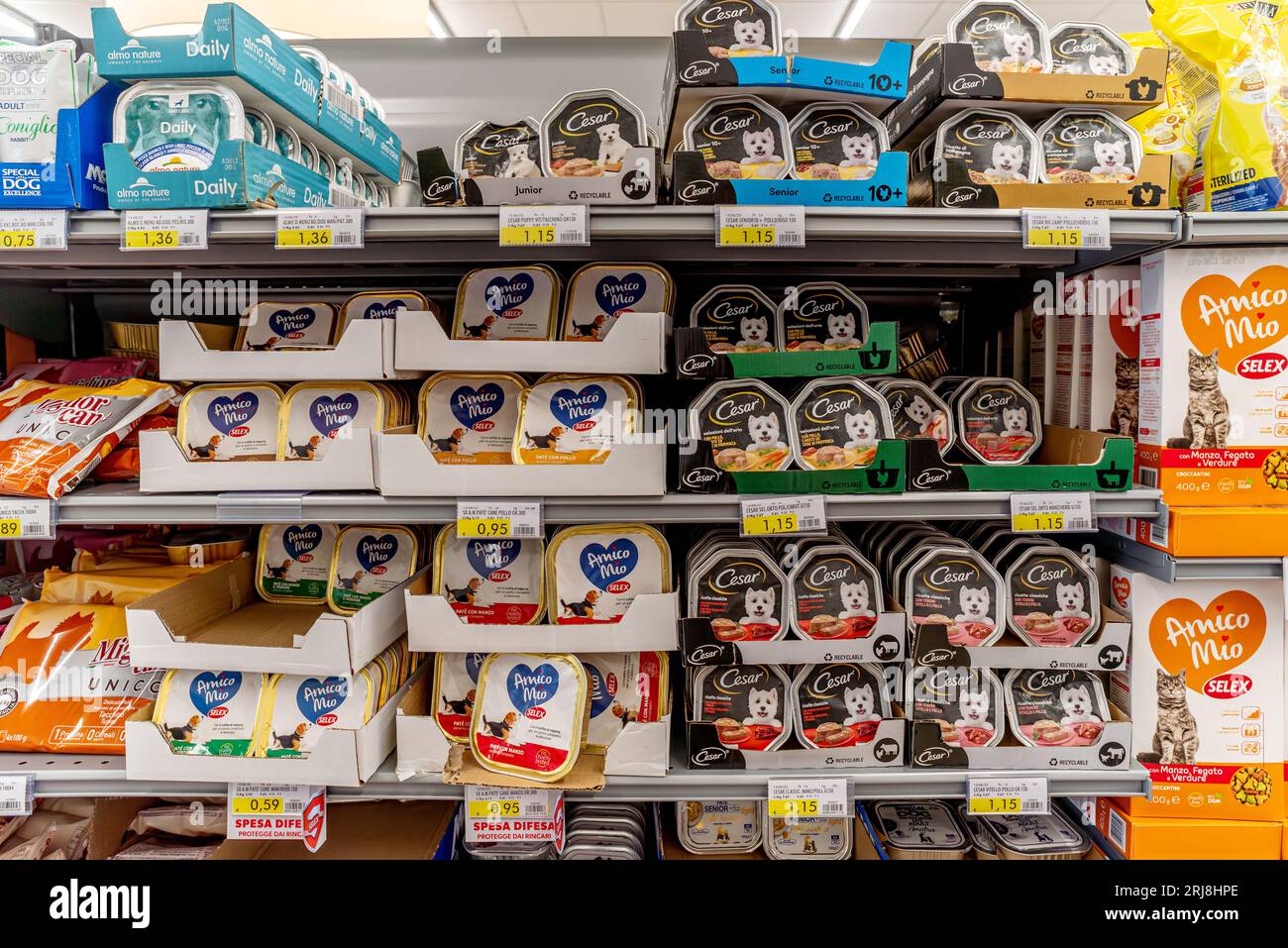 Italia - 14 de agosto de 2023: Comida para perros en bandejas de aluminio de varios tipos, sabores y marcas que se muestran en los estantes para la venta en el supermercado italiano Foto de stock