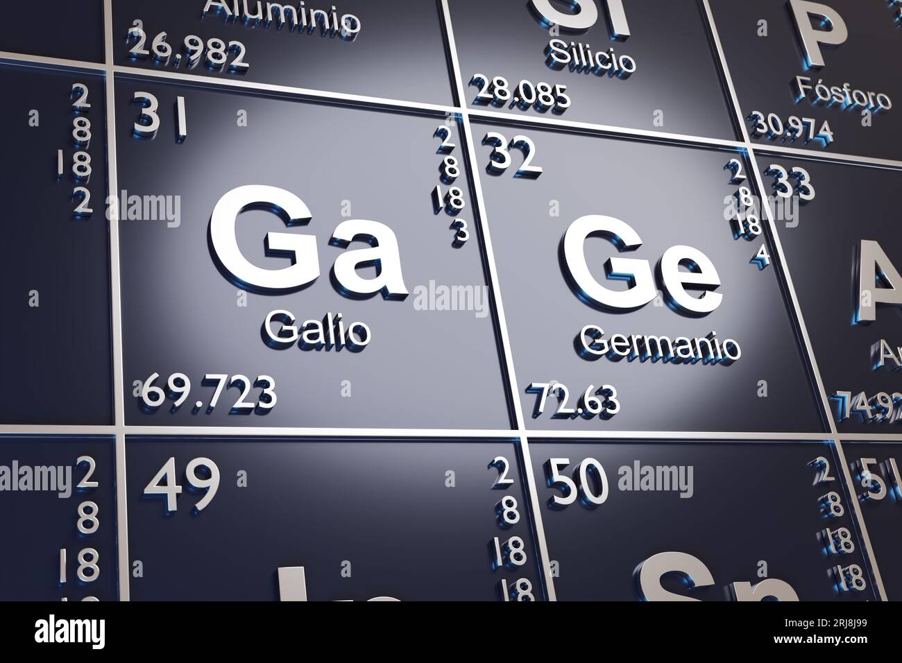 Los elementos galio y germanio en la tabla periódica en español. 3d ilustración. Foto de stock