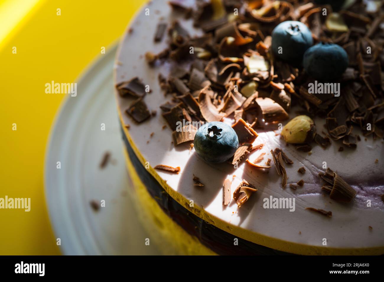 Delicioso pastel de arándanos con chip de chocolate en la parte superior. Foto de stock