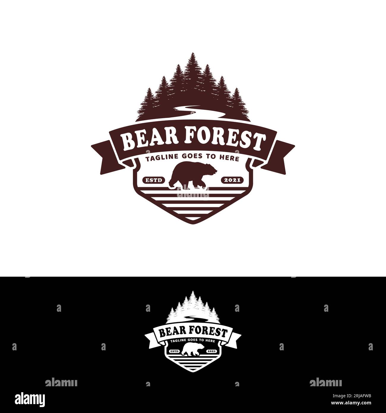 Logo retro del oso del bosque con los árboles y el río Ilustración del Vector