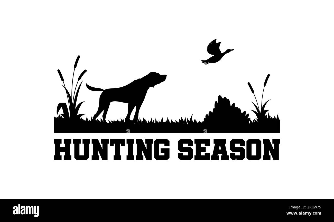 Icono de caza, perro de caza y siluetas de pato para temporada abierta y club de cazador vector insignia. Emblema del club de cazadores para la temporada de caza de animales salvajes con perro Ilustración del Vector