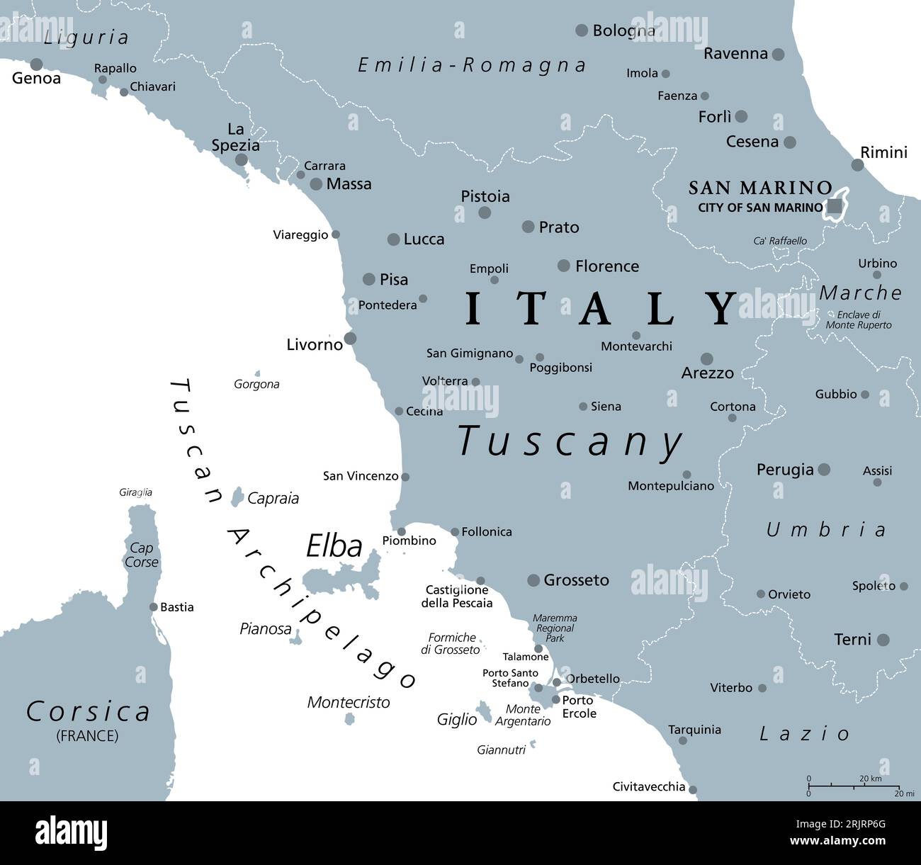 Toscana, región en el centro de Italia, mapa político gris con lugares turísticos populares como Florencia, Castiglione della Pescaia, Pisa, Lucca, Grosseto, etc. Foto de stock