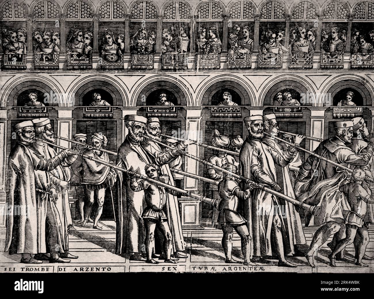 Procesión del Dux de Venecia Woodcut 1555–1560 publicado por Matteo Pagano Italia Rijksmuseum Amsterdam. Las procesiones forman parte integrante de la vida religiosa y cívica veneciana. Estado e iglesia estaban inextricablemente entrelazados, el dux sirvió no solo como el jefe del gobierno civil, gobernador de la iglesia ducal de San Marcos, importante institución eclesiástica en la ciudad. las procesiones que celebraban eventos cívicos culminaron en algún tipo de servicio religioso. Foto de stock