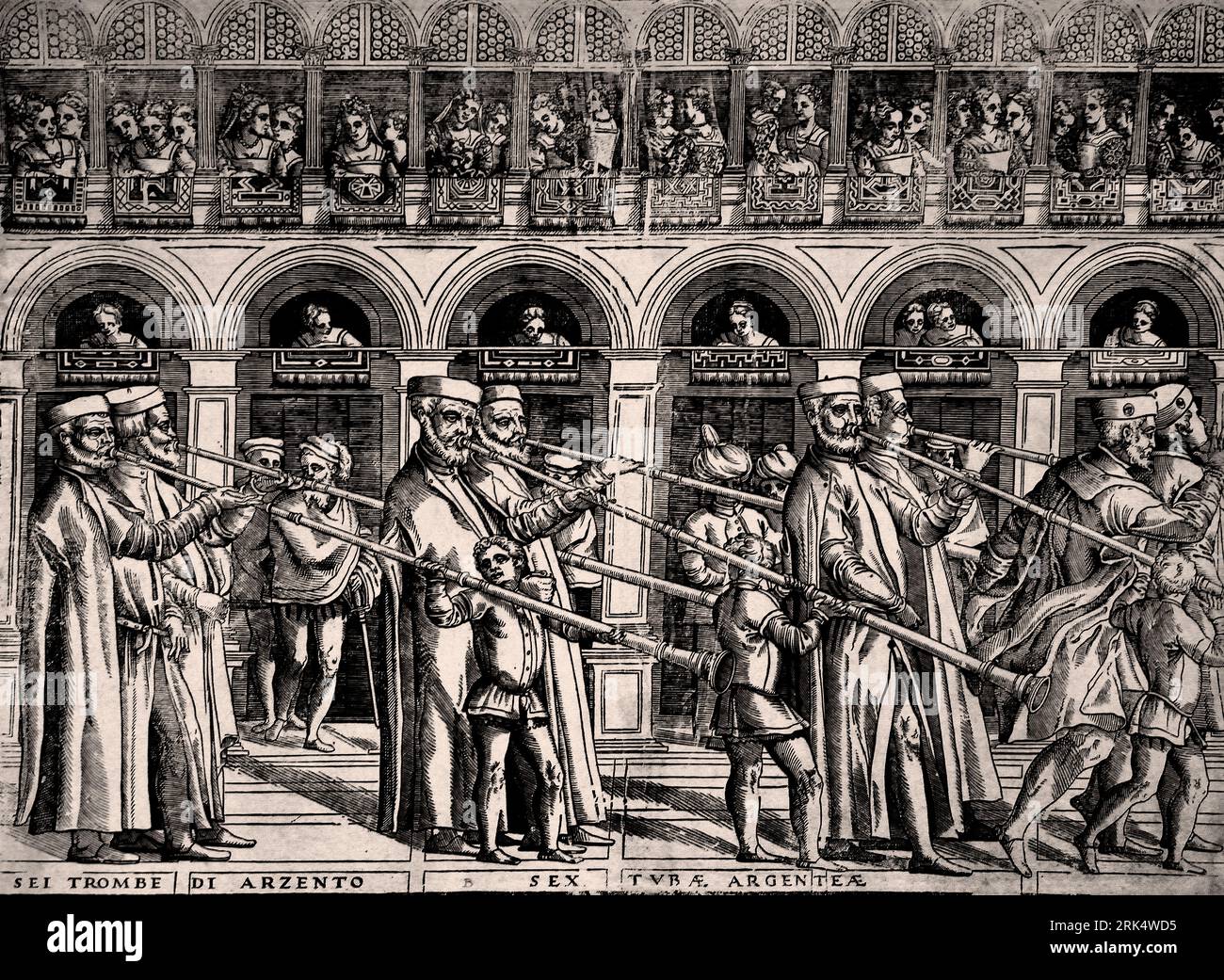 Procesión del Dux de Venecia TWoodcut 1555–1560 publicado por Matteo Pagano Italia Rijksmuseum Amsterdam. Las procesiones forman parte integrante de la vida religiosa y cívica veneciana. Estado e iglesia estaban inextricablemente entrelazados, el dux sirvió no solo como el jefe del gobierno civil, gobernador de la iglesia ducal de San Marcos, importante institución eclesiástica en la ciudad. las procesiones que celebraban eventos cívicos culminaron en algún tipo de servicio religioso. Foto de stock