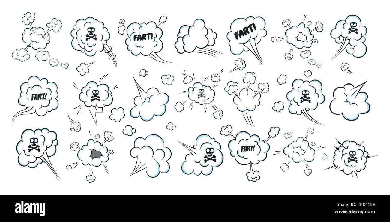 Oler pop art cómic cómic cómic nube de pedo diseño de estilo plano ilustración vectorial conjunto con texto y cráneo con huesos cruzados. Mal olor o ar tóxico Ilustración del Vector