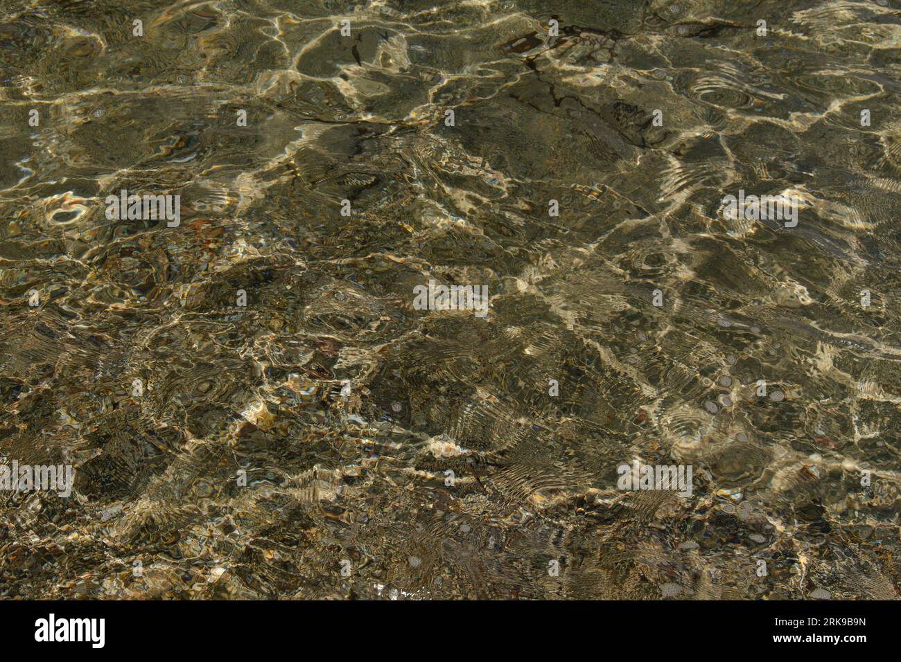 El resplandor del sol en el agua clara contra el fondo arenoso. Foto de stock