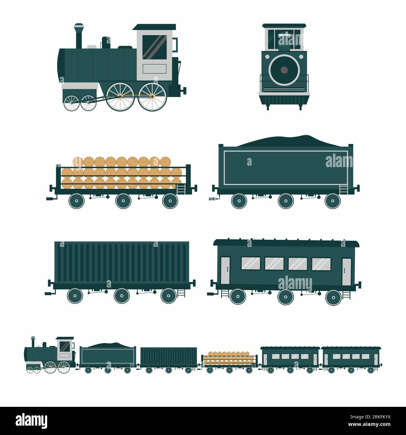 Estilo plano de tren antiguo. Conjunto de iconos de transporte de tren vintage plano. Tren de vapor, tren de pasajeros y tren de carga frente y vista lateral aislado en Ilustración del Vector