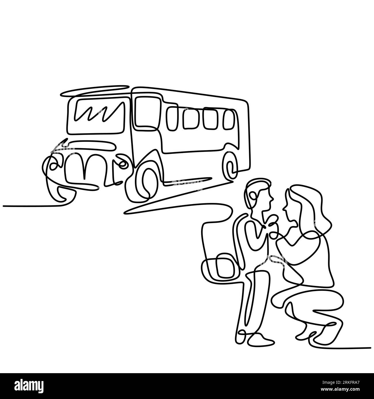 Dibujo continuo de una línea de madre joven lleva a su hijo al autobús