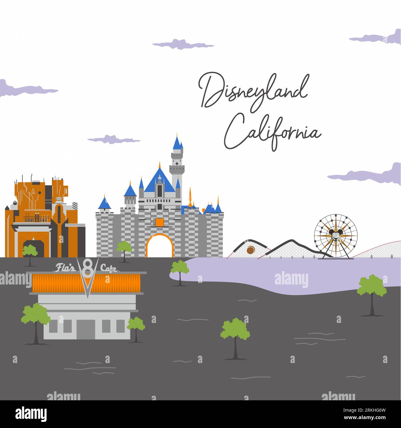 Colección de Disneyland California con edificios de atracciones turísticas como Cars Land, Sleeping Beauty Castle, Disney California Adventure Park, Gua Ilustración del Vector