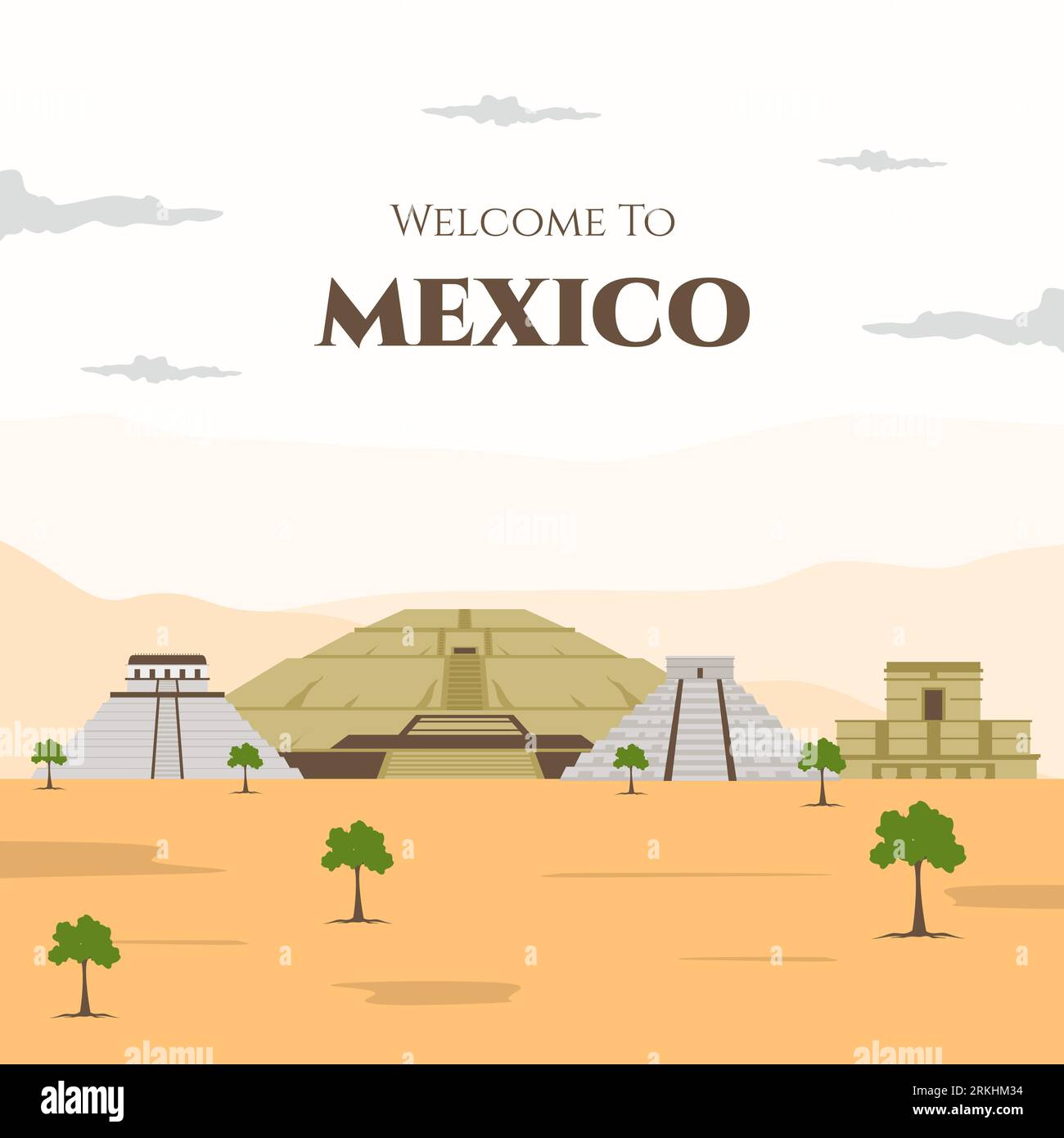 Plantilla colorida de la ciudad de México. Bienvenido a méxico poster. Paisaje urbano con todos los edificios famosos. En todo el mundo. Elemento cultural nacional vector plano Ilustración del Vector