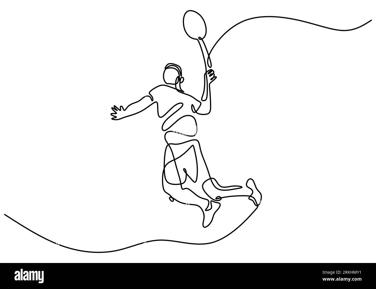 Dibujo de línea continua de hombre jugando bádminton. Personaje Un jugador de bádminton está jugando con una raqueta aislada sobre fondo blanco. Torneo deportivo Ilustración del Vector