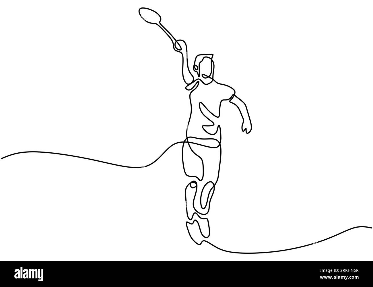 Dibujo de línea continua de hombre jugando bádminton. Personaje Un jugador de bádminton está jugando con una raqueta aislada sobre fondo blanco. Torneo deportivo Ilustración del Vector