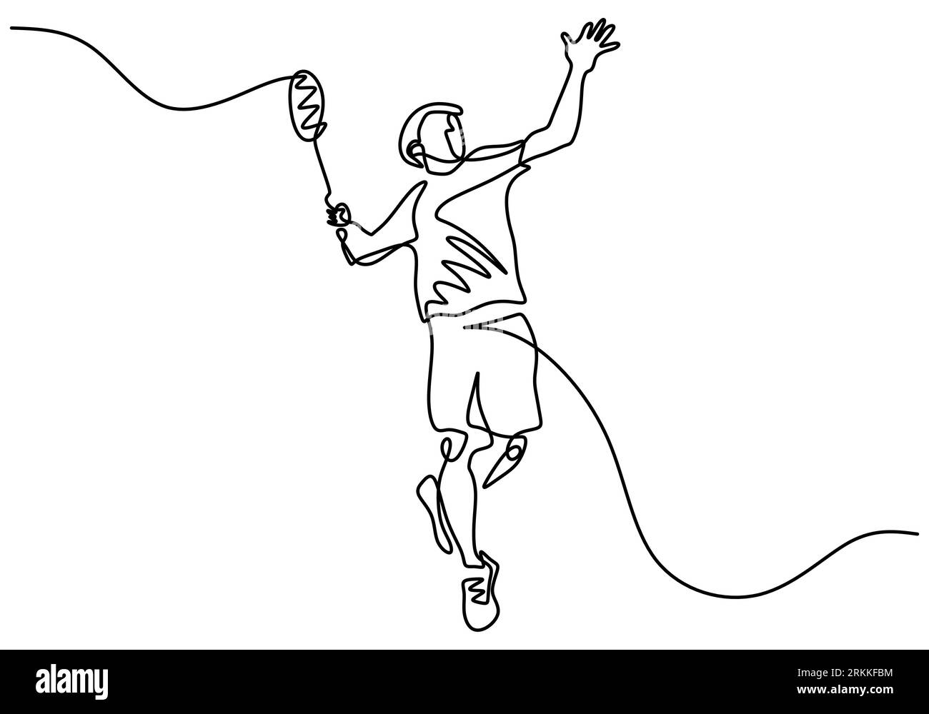 Una línea continua de dibujo de joven jugador de tenis feliz haciendo servicio y golpeó la pelota. Concepto de ejercicio deportivo dibujado a mano diseño de minimalismo. Vector Ilustración del Vector