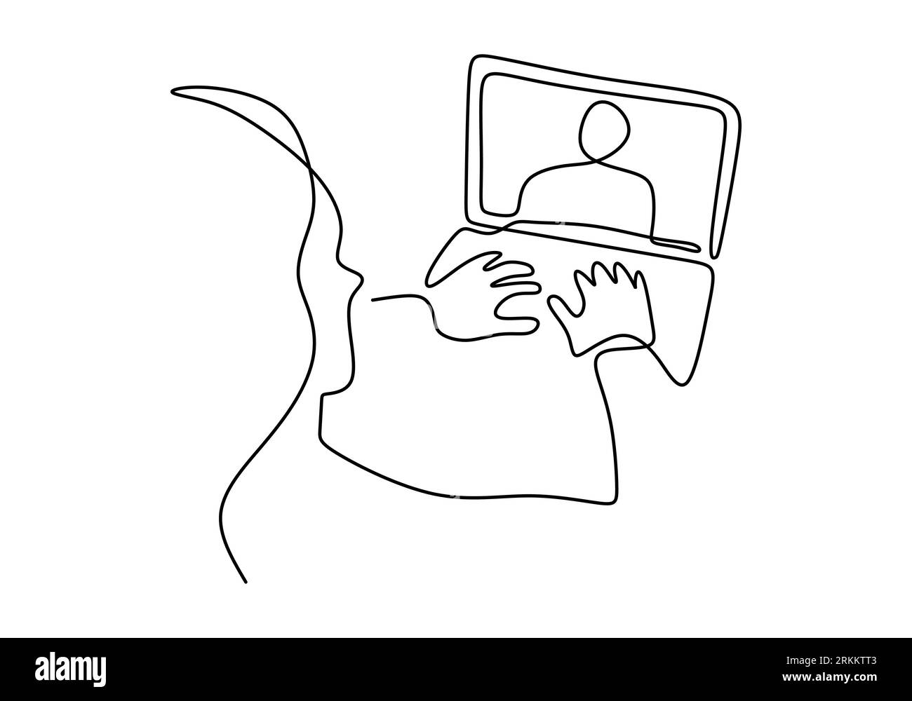 Un dibujo de línea continua de estudiante de escuela adolescente usa auriculares y mira video webinar en línea aprender en computadora portátil. Curso de E-learning a distancia VIDE Ilustración del Vector