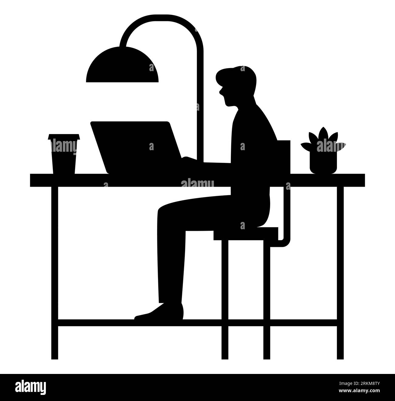 Silueta negra de un hombre que trabaja en una computadora portátil, un hombre en el ámbito digital, la tecnología y el estilo de vida moderno, ilustración vectorial sobre fondo blanco Ilustración del Vector