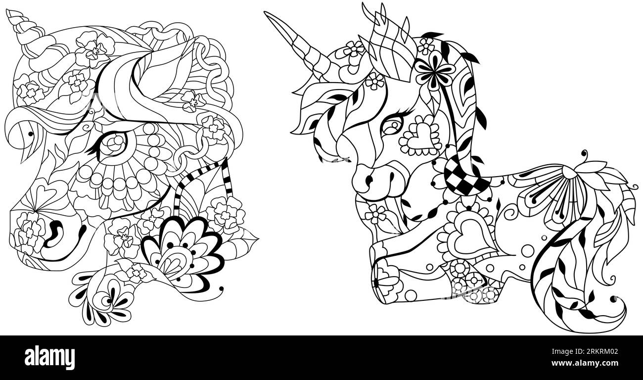 Unicornios estilo zentangle. Puede ser utilizado para imprimir en la camiseta, papel tapiz o cartel. Ilustración del Vector